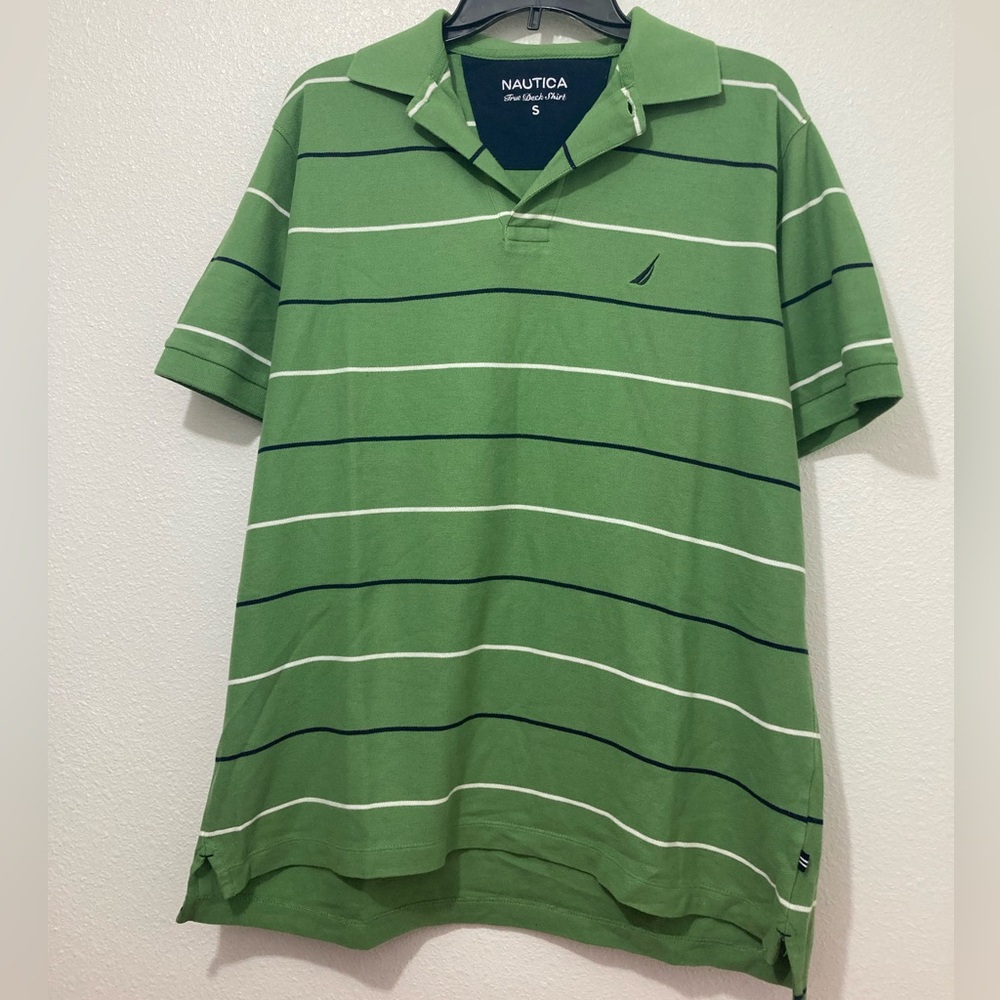 VINTAGE NAUTICA Men’s Polo Shirt Green Blue White Stripes Size Small
